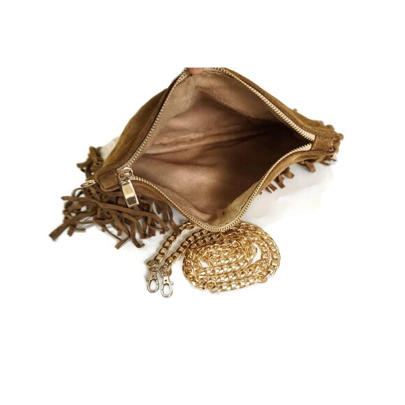 Moroccan Handira Suede Leather Fringe Clutch Bag Kilim Purse - Picture 6 of 10